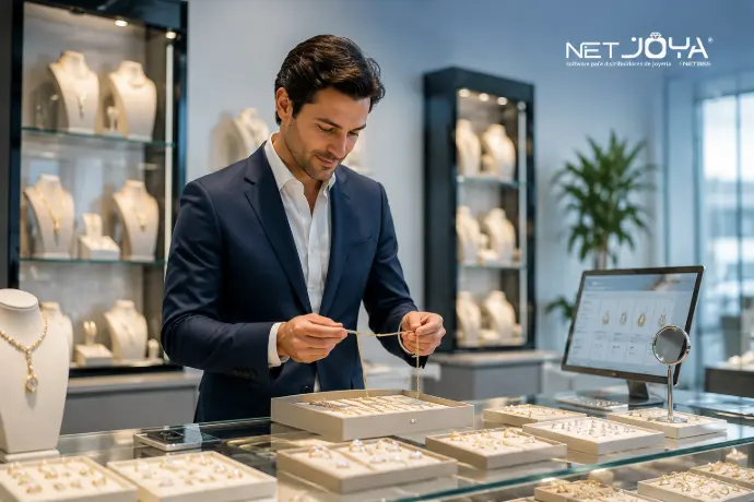 Distribuidor de joyería gestionando inventario y ventas con ERP Odoo para joyerías